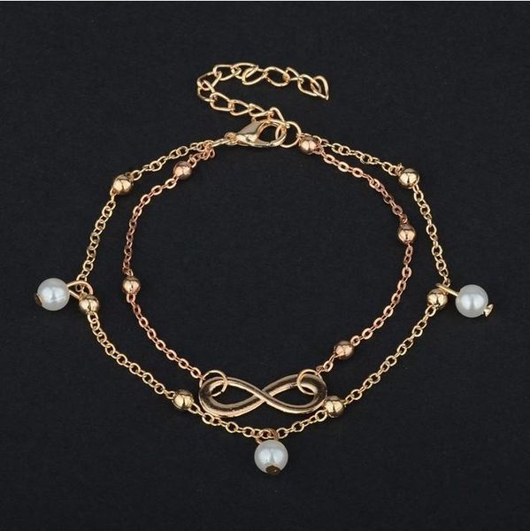 

anklets 8 word double pearl anklet small fresh jewelry ladies alloy legs, Red;blue