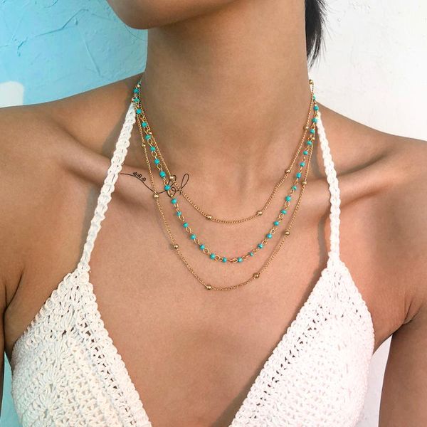 

chains lalynnly 2021 bohemia style women refreshing trendy multi-layer cyan color beads necklace boho female jewerly gift n9146, Silver