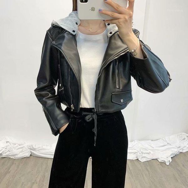 

women's jackets woah byz100 euro-american wind lady's hat removable leather garment leisure locomotive top, Black;brown