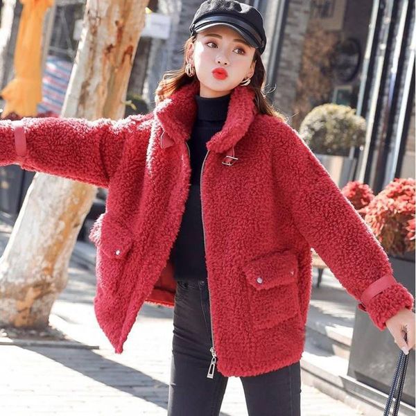 

women's fur & faux autumn winter lamb korean loose thicken fleece female casual warm outerwear vintage jacket coats mujeres, Black