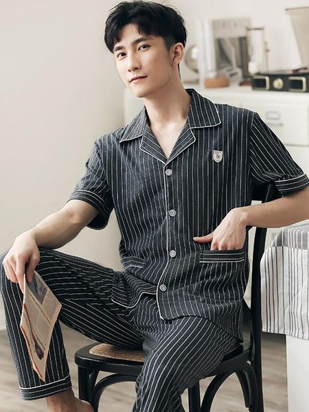 

2021summer men's 100% cotton pajamas sets 2pcs pure pyjamas sleepwear male home clothes gray striped short-sleeve pijama, Black;brown