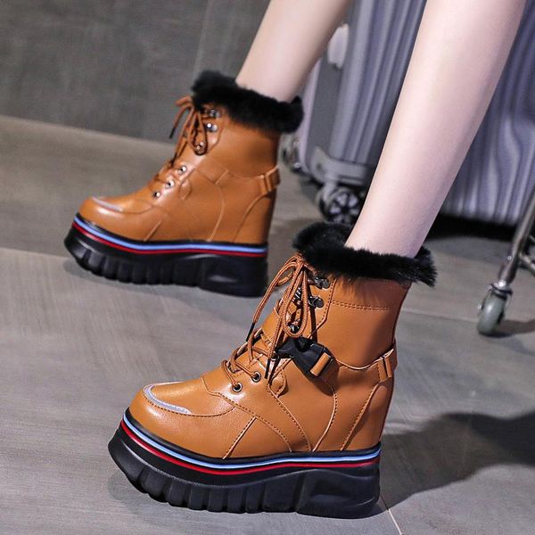 

boots winter plush warm women ankle waterproof leather 10cm high heel shoes fashion girl platform wedges creepers, Black