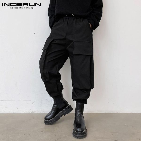 

fashion men cargo pants solid color joggers multi pockets streetwear drawstring casual trousers workout loose men's, Black