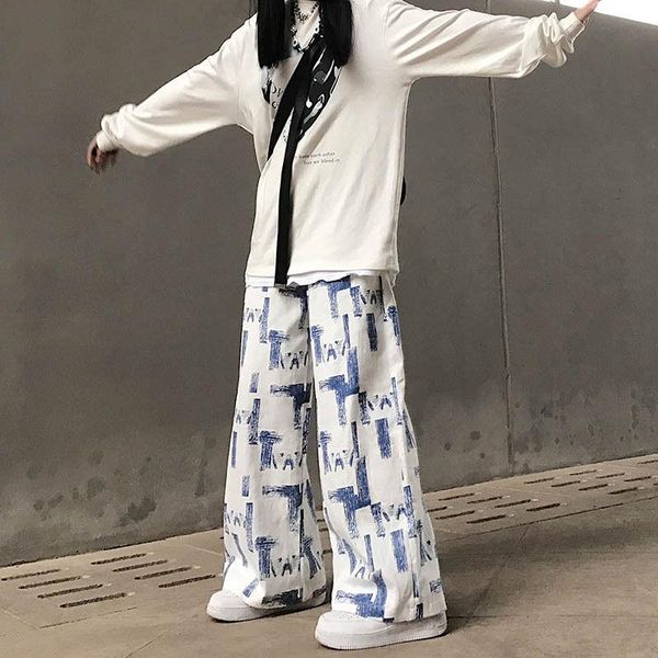 

women's pants & capris women hip hop fashion casual straight print vintage loose oversize female trousers long splash ink trouser woman, Black;white