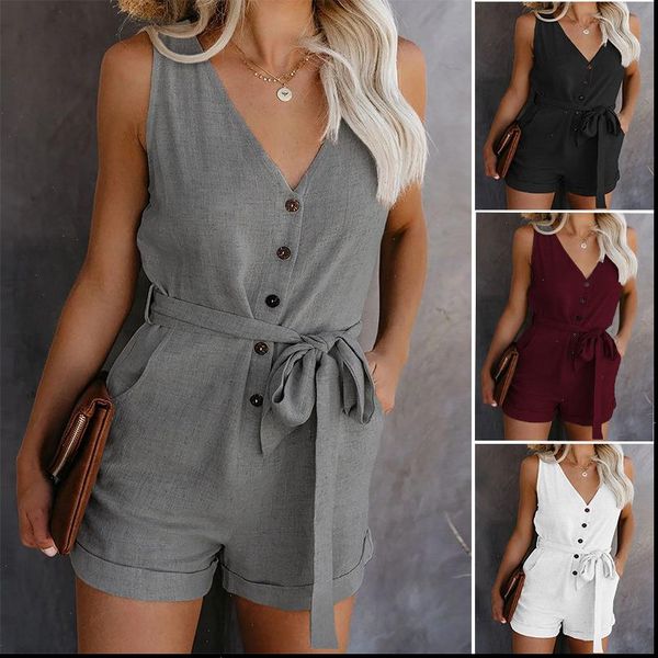 

summer clothes off shoulder belted women rompers tunic sleeveles playsuit solid casual v neck short home jumpsuit dropshipping, Black;white