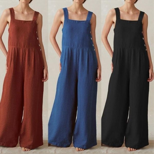 

women's jumpsuits & rompers women side buttons bandeau casual solid strappy dungarees vintage cotton linen loosewide leg harem overalls, Black;white