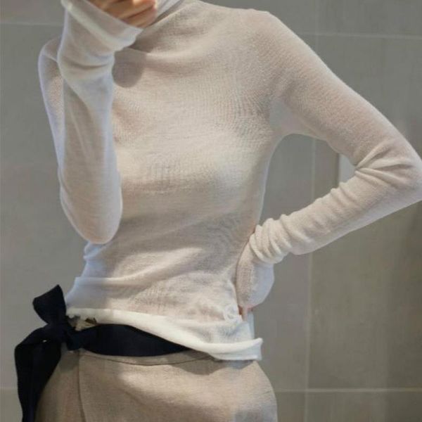 

women's sweaters fall 2021 worsted cashmere sweater ultra-thin high-neck solid color micro-transparent slim wool base knit, White;black