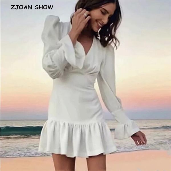 

spring deep v neck ruffles white long sleeve dress women cuff back zipper mini short holiday dresses 210429, Black;gray