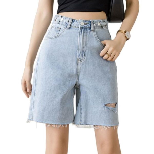 

women's jeans fashion ripped five-point denim shorts high waist loose wide-leg pants 2021 summer clothing, Blue