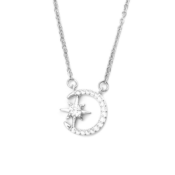 

pendant necklaces doreenbeads stainless steel chain necklace half moon star clear cubic zirconia women jewelry gift 45cm long, 1 pc, Silver