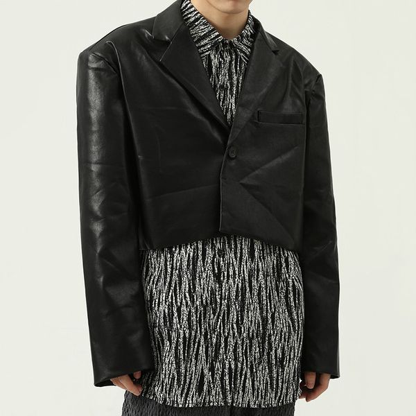 

autumn black pu leather jacket for mne 2021 new short coat korean loose notched collar long sleeve cloth y9037