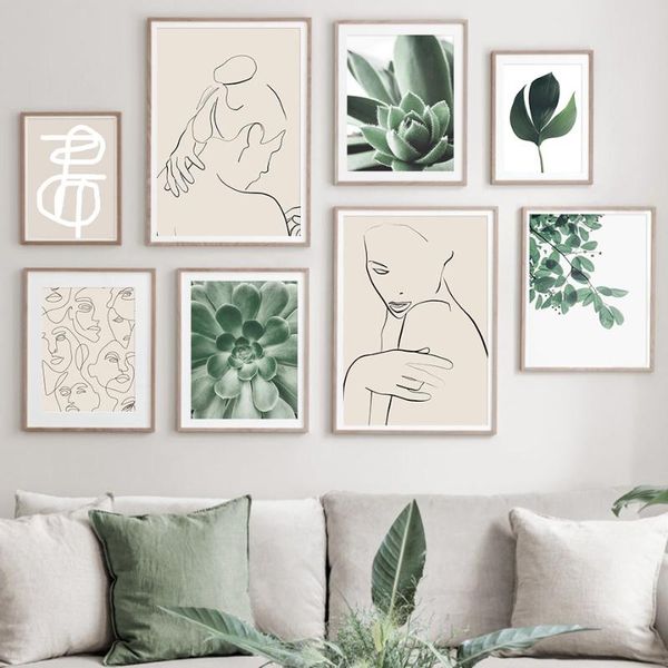 

paintings green leaf succulent plant abstract lines wall art canvas painting nordic posters and prints pictures for living room decor