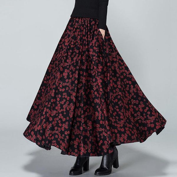 

skirts 2021 female plus size autumn retro vintage casual big swing red floral woolen woman long ladies skirt womens, Black