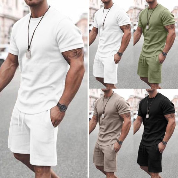 

men's tracksuits mens short sleeve t-shirt + shorts casual set fitness gym sport tracksuit crew neck 2pcs suit solid color clothes, Gray