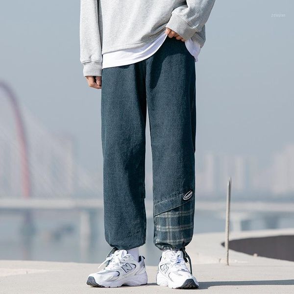 

men's jeans spring daddy denim pants loose straight patchwork plaid casual ankle length male plus size trousers, Blue