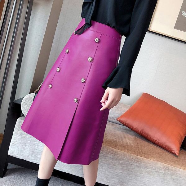 

skirts autumn women's spring elegant high-rise leather genuine a-line skirt c783, Black