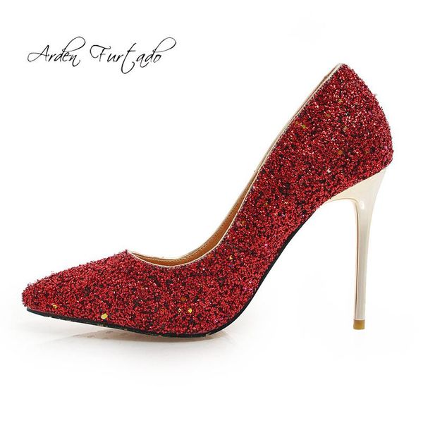 

dress shoes arden furtado 2021 spring autumn high heels stilettos gold red silver glitter sequined wedding pumps size 32 33, Black
