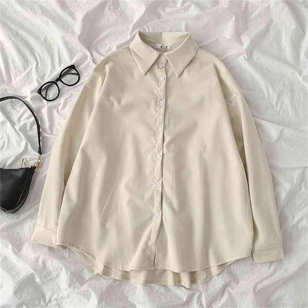

spring autumn thick shirt women's fashion polo collar loose oversize blouses vintage long sleeve single breasted female 210401, White