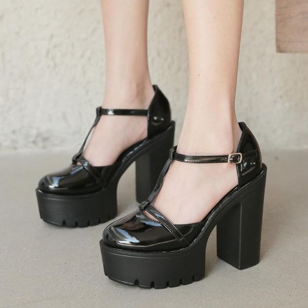 

sandals fashion t-strap patent leather square heel buckle strap super high with med platform summer casual 2021 cute woman shoes, Black