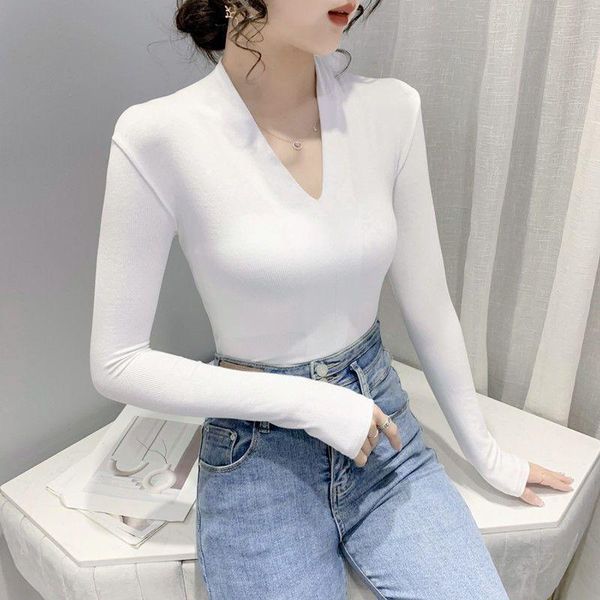 

women's t-shirt fashion shirts women 2021 v-neck t shirt solid black cotton clothes tshirt long sleeve, White