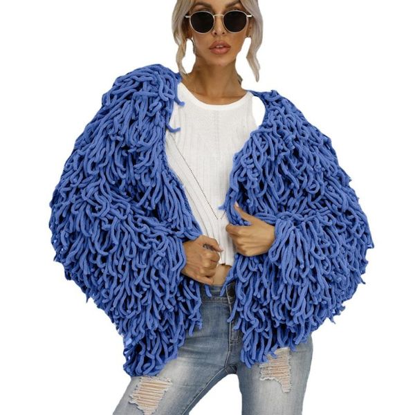 

women's fur & faux autumn and winter woolen tassel sweater jacket personality woven hollow women, Black