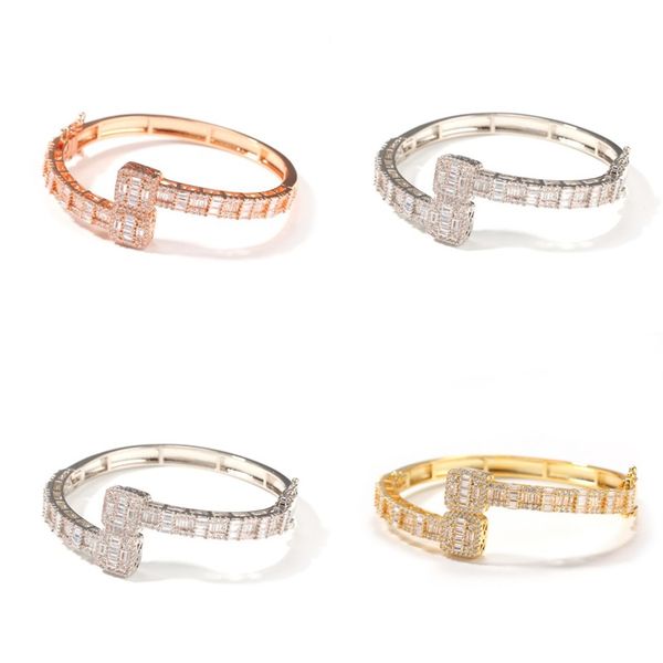 

14k gold men ladies cubic zirconia diamond baguette square bangle bracelet opening size hiphop jewelry 162 r2, Golden;silver