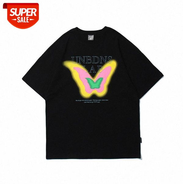 

summer european and american high street casual round neck t-shirt tide brand loose hit color butterfly print short-sleeved tee male #px21, White;black