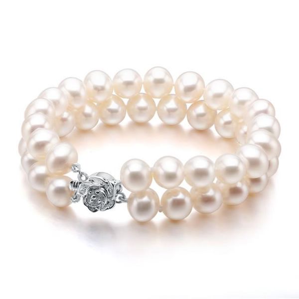 

bangle handmade natural fashionable double layer 7-8mm white freshwater pearl bracelet plum blossom clasp long 20 cm, Black