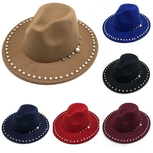 

pearl spring fedora hats woolen big brim jazz cap ladies fashion casual wide brim hat for men, Blue;gray