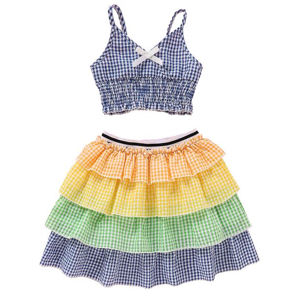 

newly summer children clothing explosive style girls dress colorful plaid skirt suit 2pcs set, Red;yellow