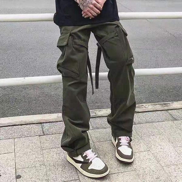 

men's pants multi-pockets straight washed retro flare mens high street oversize solid casual overalls loose hip cargo, Black