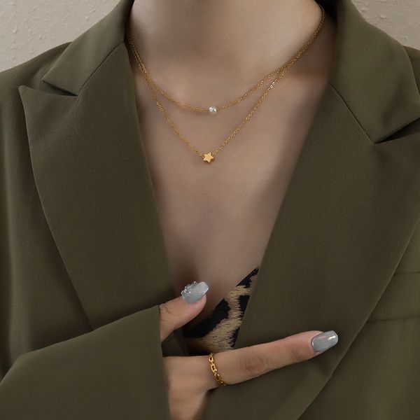 

est pendant necklaces two layers short star-shaped pearl necklace fashion jewelry p001 with box, Silver