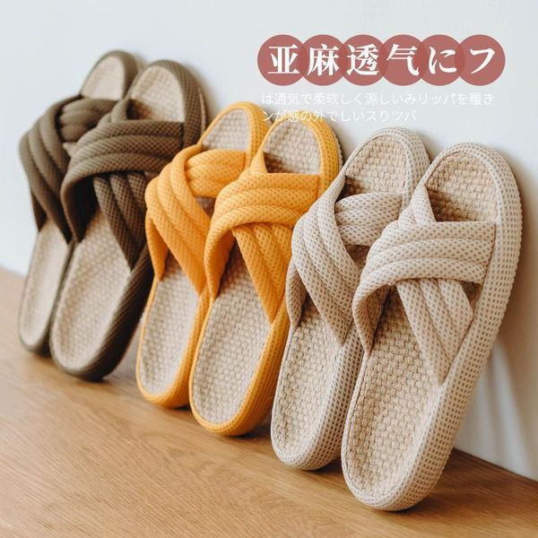 

slippers summer linen women men home indoor floor shoes ladies casual flat slides sandals cross belt flip flops, Black