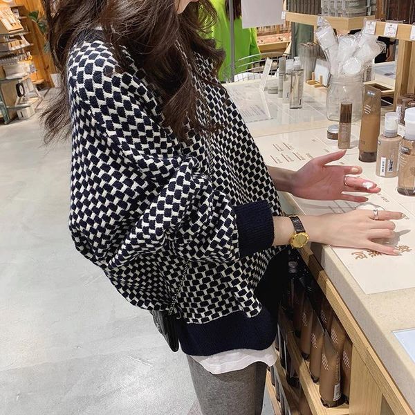 

women's sweaters 2021 autumn and winter pullover sweater ladies black white checked coat korean loose top, White;black