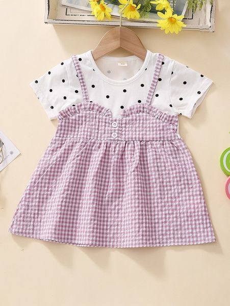 

baby polka dot & gingham print frill trim 2 in 1 dress she, Red;yellow