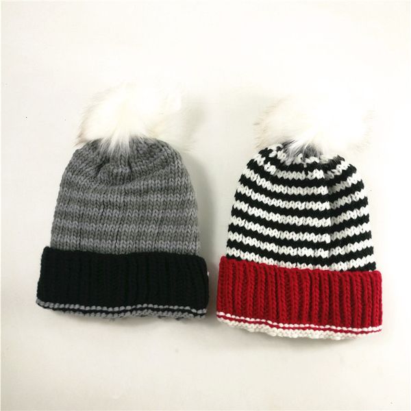

hat women's winter chic striped ball knitted wool hat, Black;white