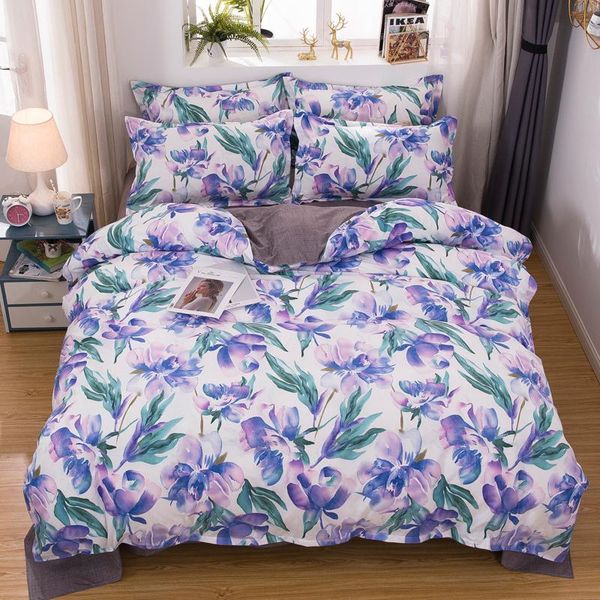 

bedding sets bloom purple flowers set simple duvet cover pillowcase home textile 2/3pcs bed linen king  size dropship