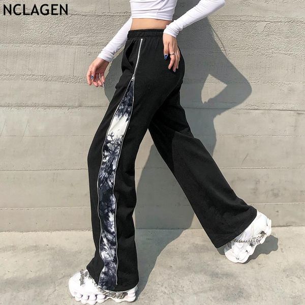 

side zipper up tie dye patchwork women sweatpants 2021 spring loose casual wide leg pants streetwear black trousers women's & capris, Black;white