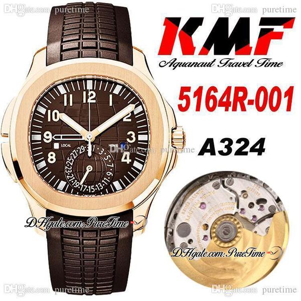 

kmf travel time 5164r gmt pp324cs a3234 automatic mens watch rose gold brown textured dial stick number markers rubber strap watches super e, Slivery;brown