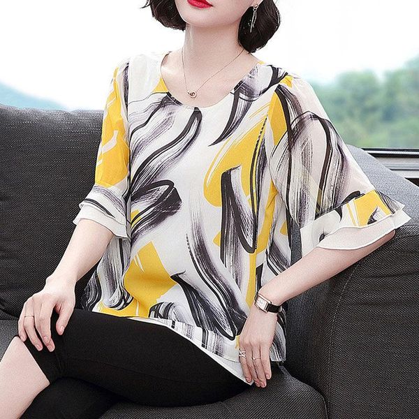 

women's blouses & shirts short flare sleeve women o-neck chiffon spring summer style lady patchwork casual blusas, White