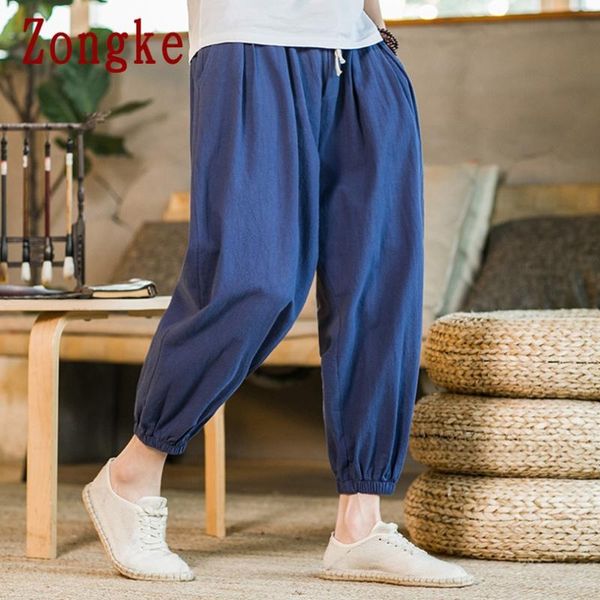 

men's pants zongke 2021 solid casual linen men trousers joggers sweatpants hip hop streetwear male plus size m-5xl, Black