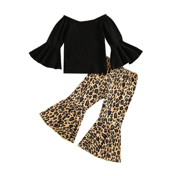 

clothing sets 0-5y fashion kids girls 2pcs clothes off shoulder long flare sleeve leopard printed high waist pants, White