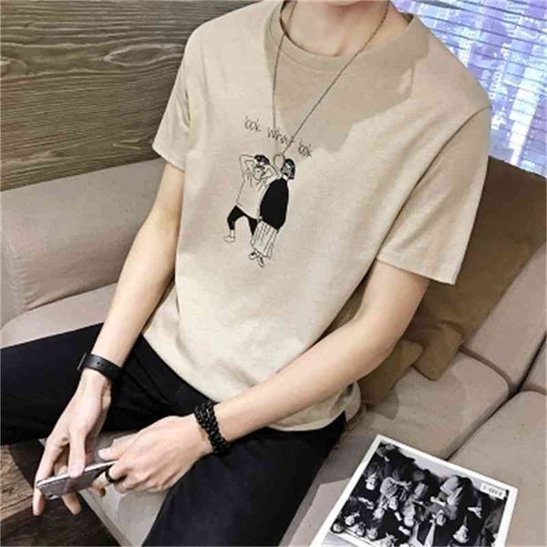Bahar ve yaz katı renk kısa kollu t-shirt erkek yüksek boyunlu kazak ince Kore yarım kollu örgü dip gömlek 210420