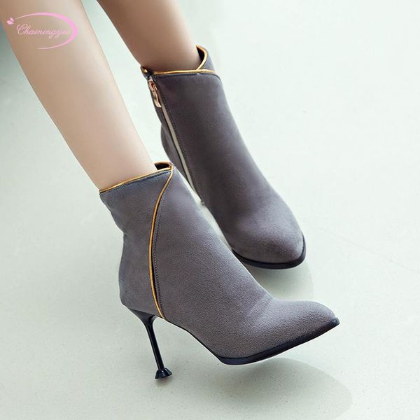 

boots chinese party style pointed toe autumn ankle fashion zipper color matching high heel stilettos women's riding, Black