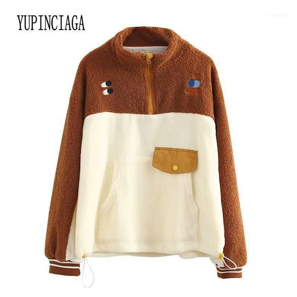 

women's hoodies & sweatshirts yupinciaga fashion colorblock cashmere warm contrast color turtleneck casual 2021 winter cute pul, Black