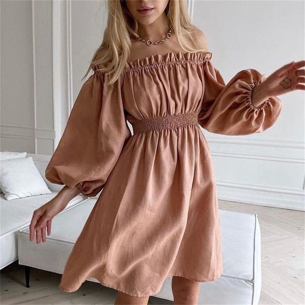 

casual dresses autumn off shoulder black dress women lantern sleeve folds 2021 fashion ruffles ladies party, Black;gray
