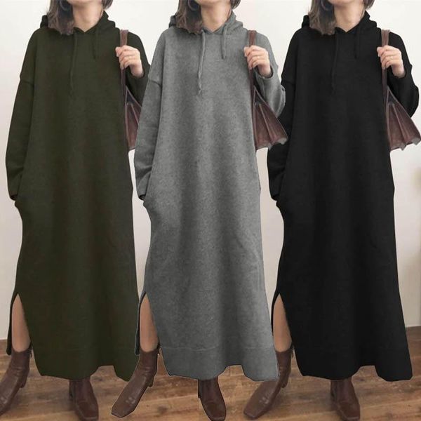 

women autumn sundress winter fashion hoodies long sweatshirt dress casual hooded sleeve split vestidos robe pullover dresses, Black;gray
