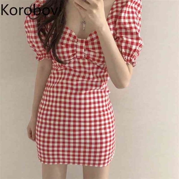 

korobov korean chic puff sleeve sweet plaid dress women square collar slim mini dresses vintage office lady slim bandage dress 210430, Black;gray