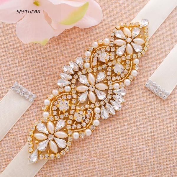 

wedding sashes sesthfar belt diamond bridal rhinestone pearl thin gold crystal sash for accessories, White
