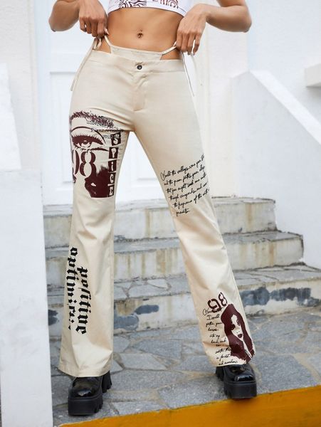 

eye & slogan & figure print flare leg pants a8yv#, Black;white